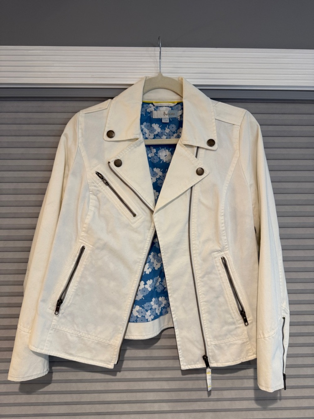 New Baden Cream Moto Jacket with Blue Floral Lining - size 8